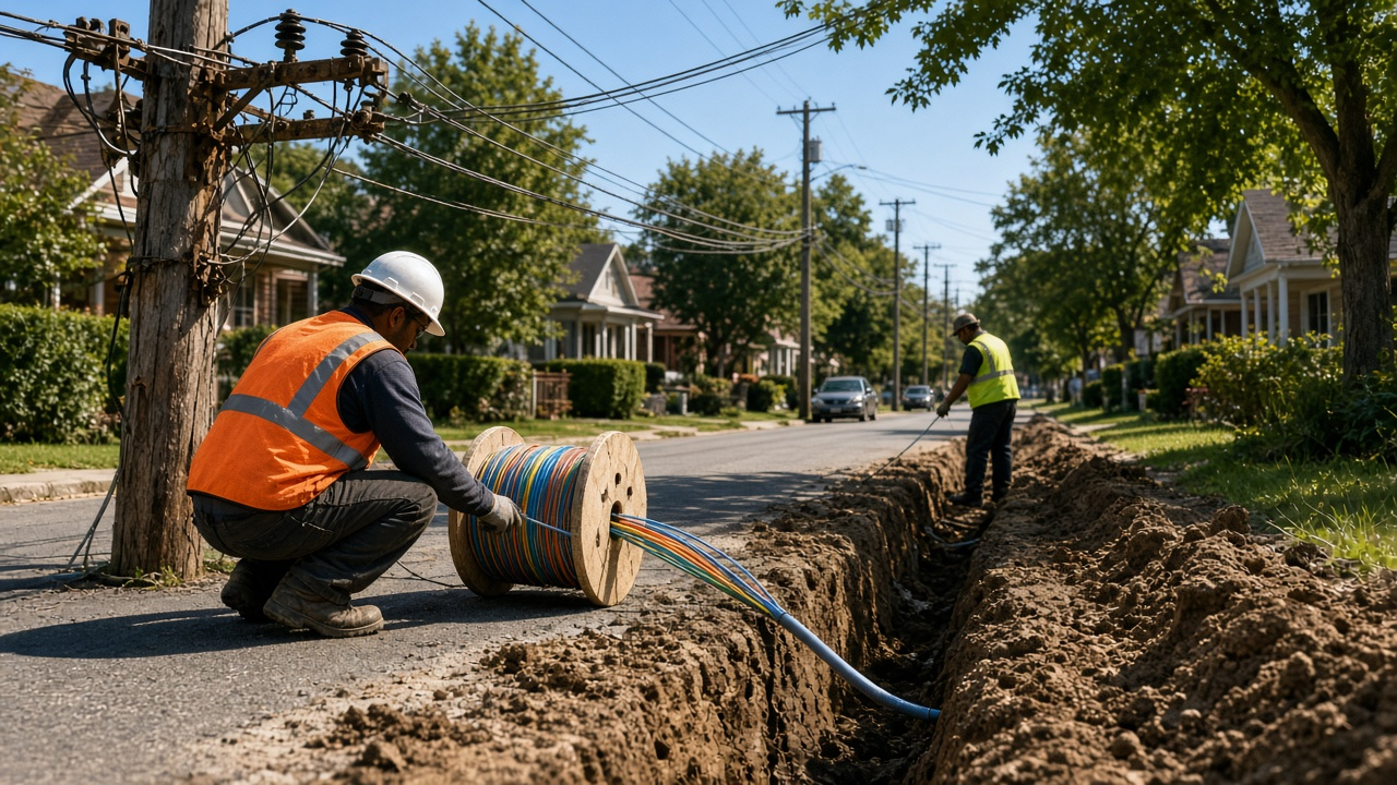 Technicians installing new fiber lines along a residential street