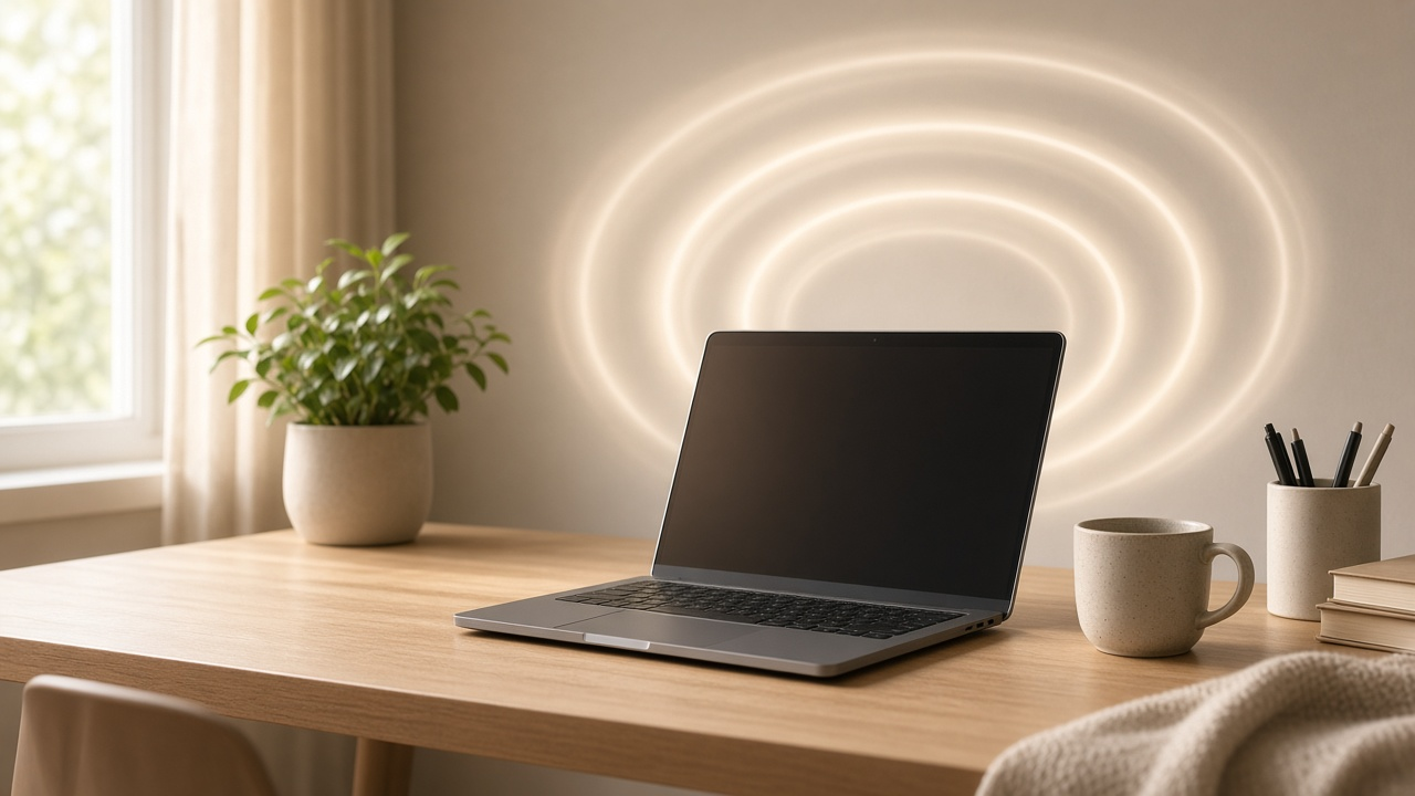 Living room TV glow with soft abstract content shapes, no logos
