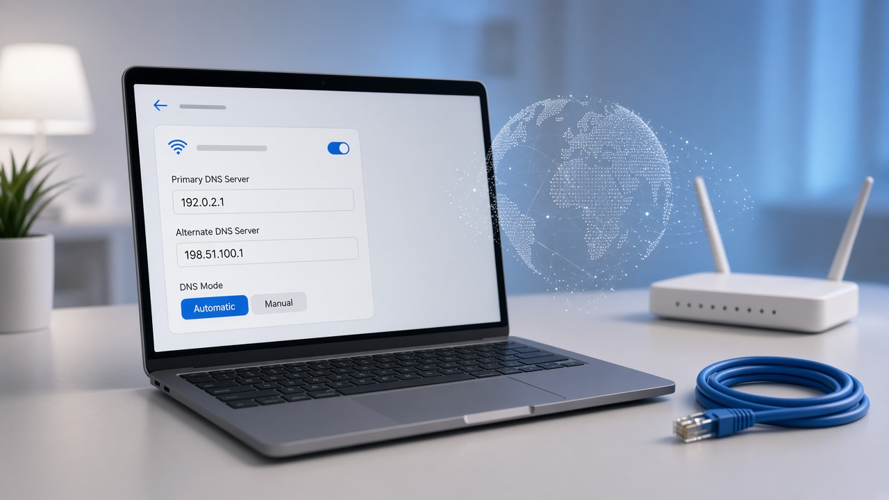 Laptop on a desk showing DNS server settings beside a white router and blue ethernet cable
