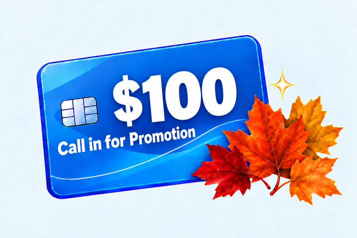 Illustration of a $50 to $100 promotional debit card with fall leaves