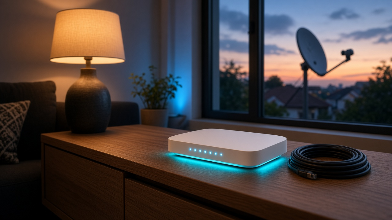 White satellite router with blue LEDs on a wooden console, with a dish visible through a sunset window