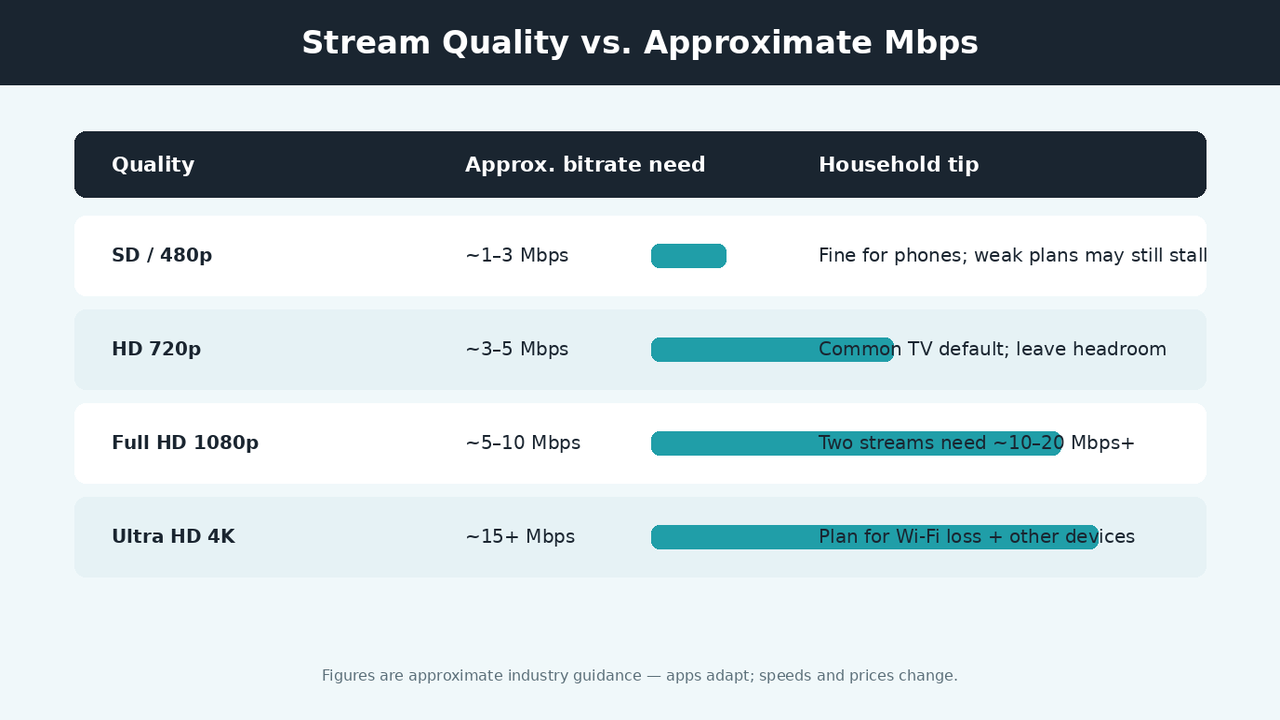 Table graphic comparing 720p, 1080p, and 4K approximate Mbps needs