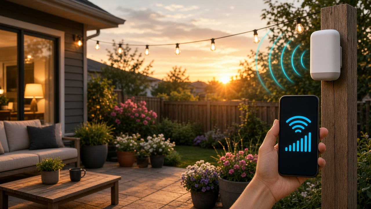 Backyard patio at golden hour with outdoor Wi-Fi node on a fence post, phone showing strong signal, string lights, and soft cyan wireless arcs