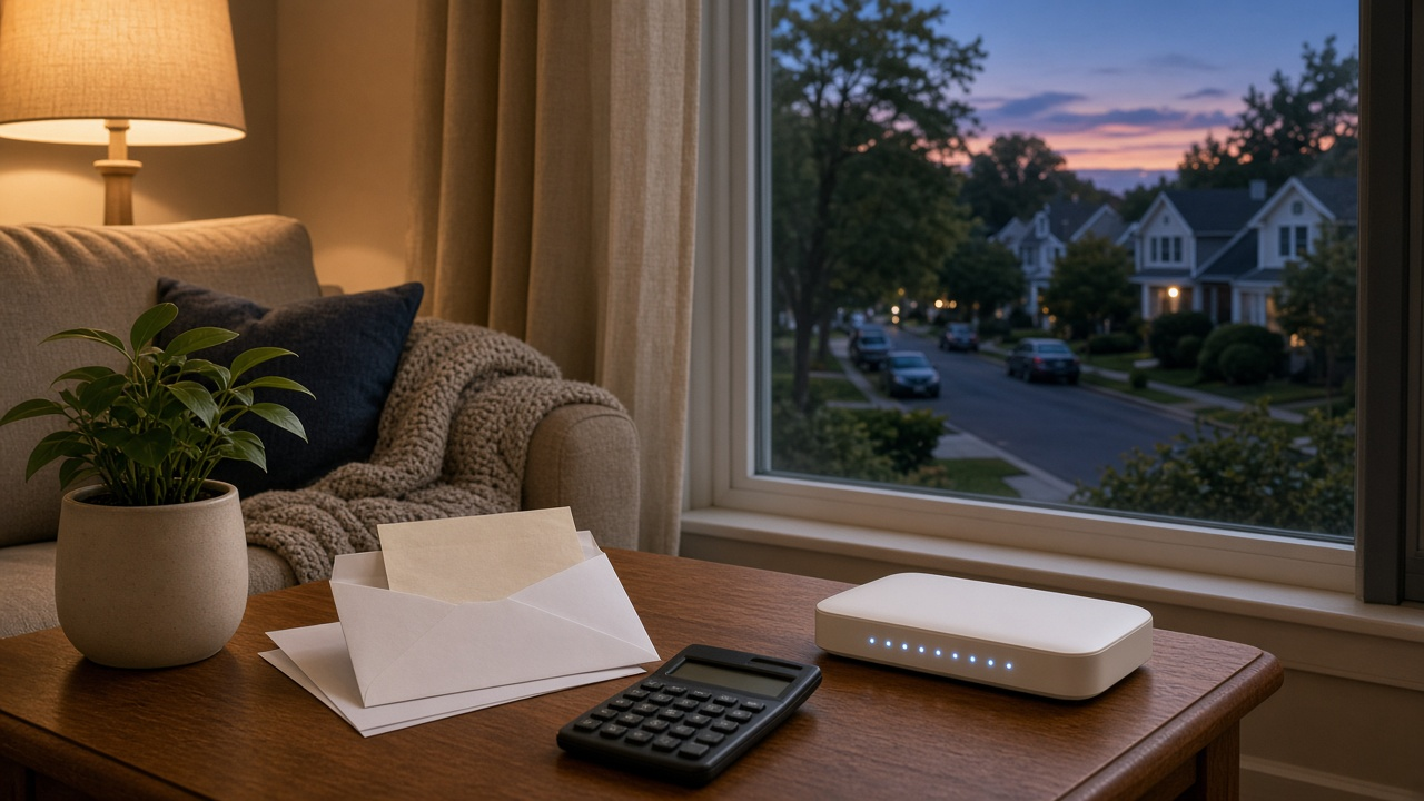 Cozy New Jersey living room at dusk with bill envelope, calculator, and white Wi-Fi router with blue LEDs by a suburban window view