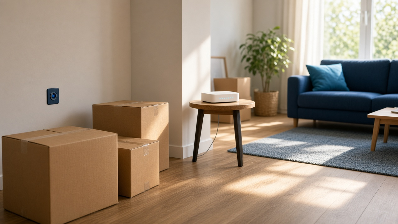 Moving boxes in a sunny apartment with a white modem on a wooden side table