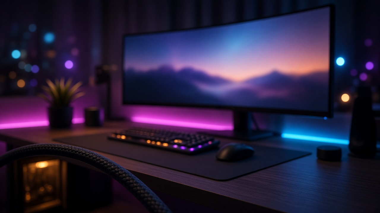 Gaming desk with glowing monitor HUD and controller, purple-teal editorial