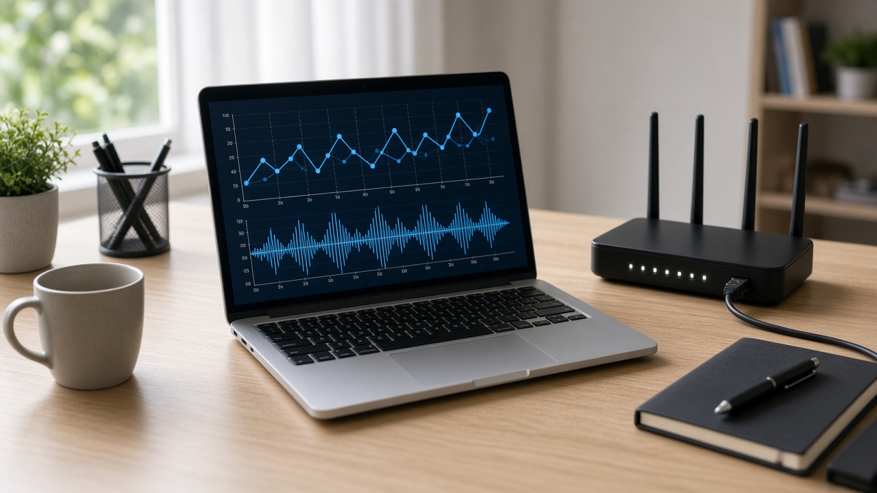 Latency graph displayed on a laptop beside a Wi-Fi router