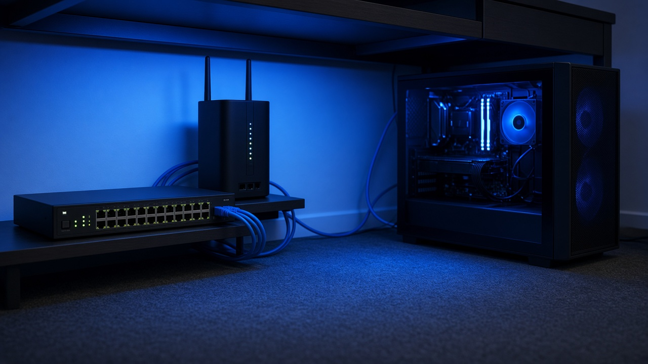 Gaming desk with glowing monitor HUD and controller, purple-teal editorial