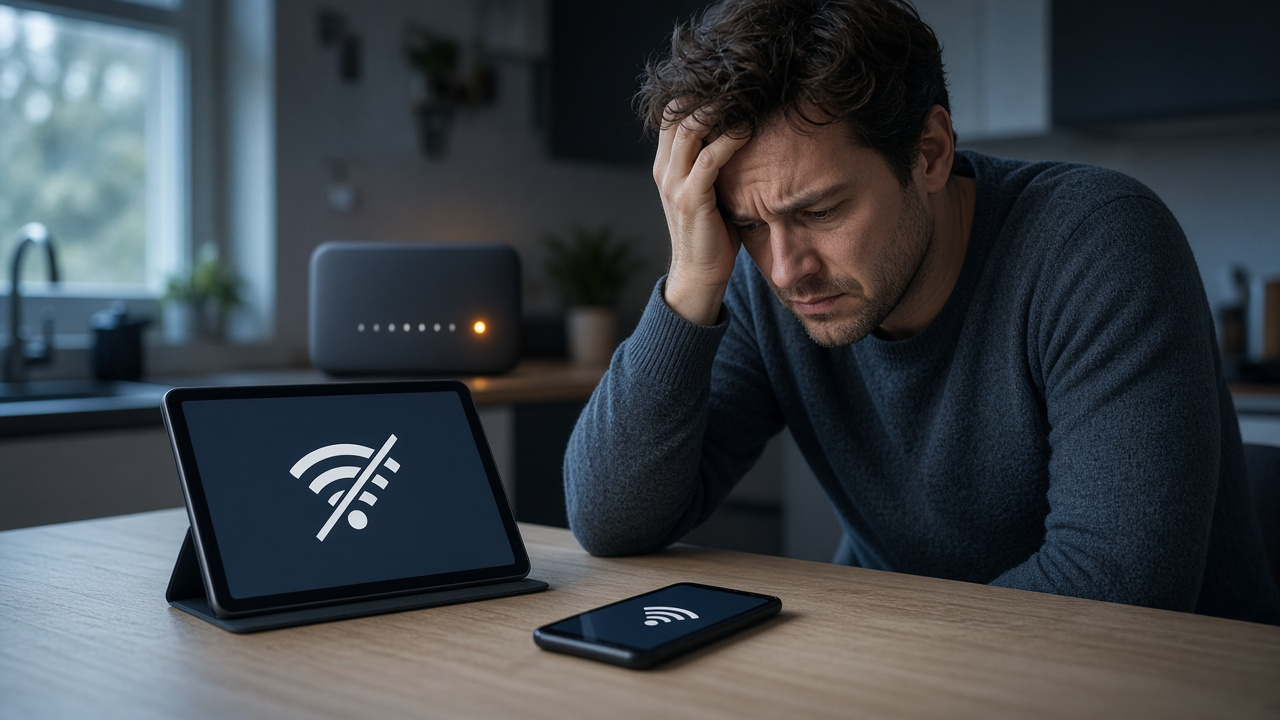 Frustrated person at a kitchen table with tablet and phone showing no-Wi-Fi icons and a router with an amber warning light behind