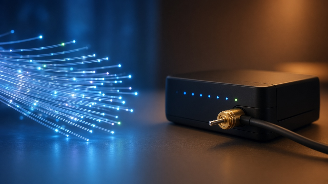 Fiber-optic strands beside a cable internet modem