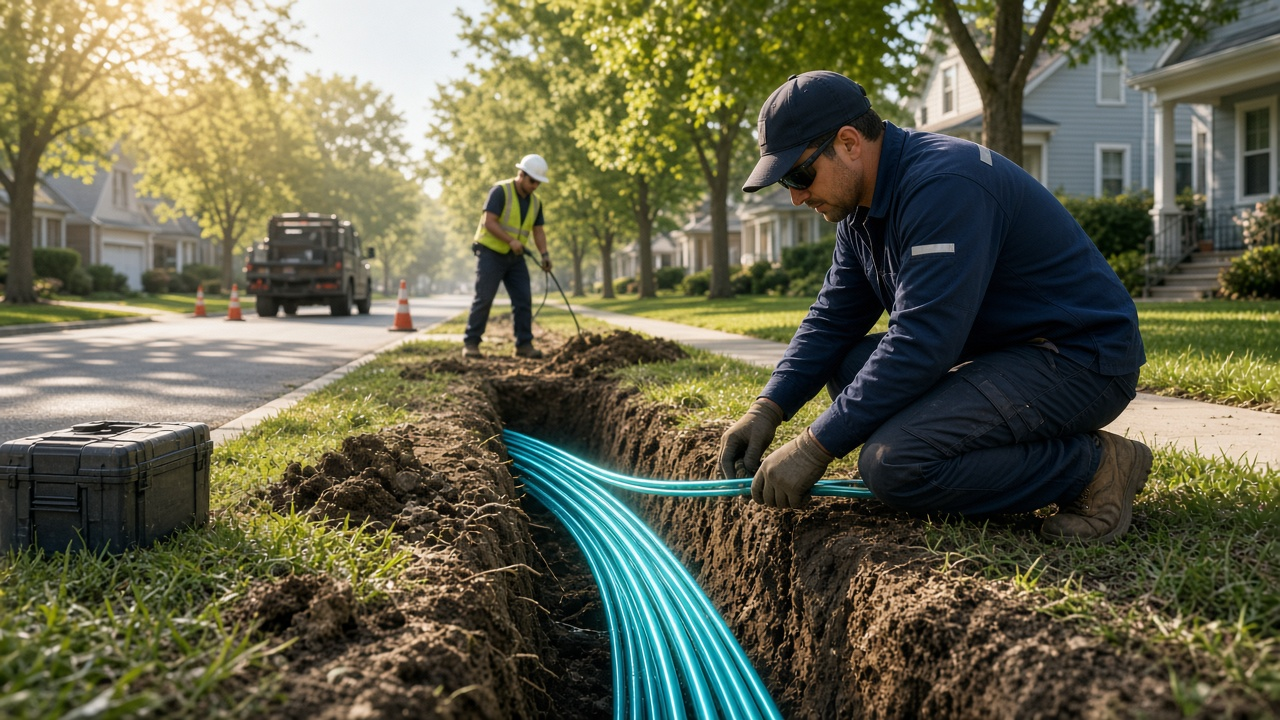 Technicians installing fiber-optic cable in a suburban neighborhood