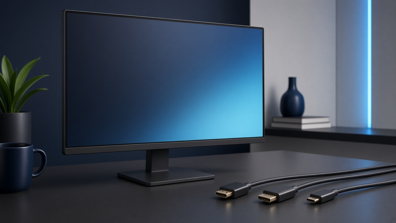 Sleek 4K monitor on a dark desk with a soft blue screen glow