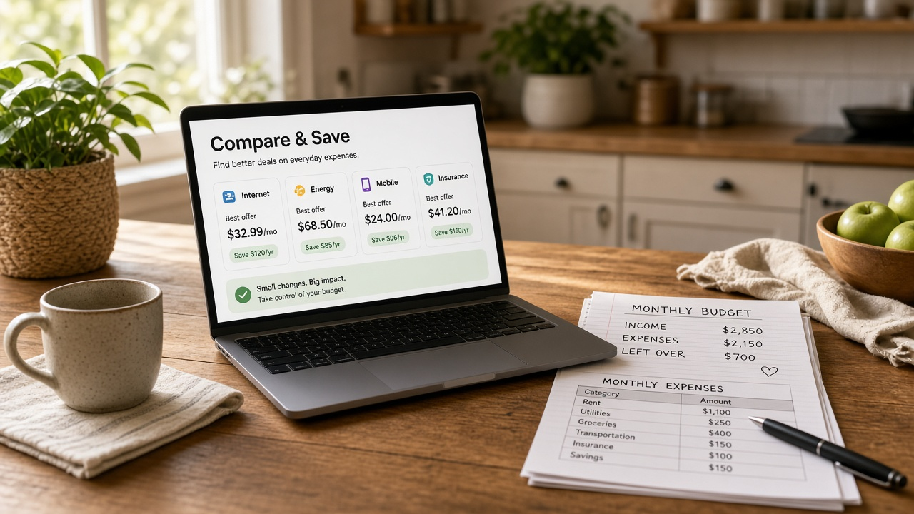 Laptop showing internet choices beside a household budget worksheet