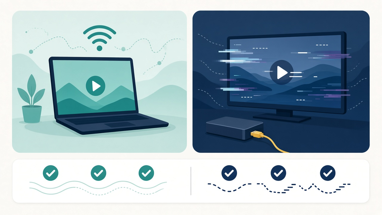 Side-by-side of a TV on Ethernet versus a TV on Wi-Fi, highlighting a steadier connection on the wired side