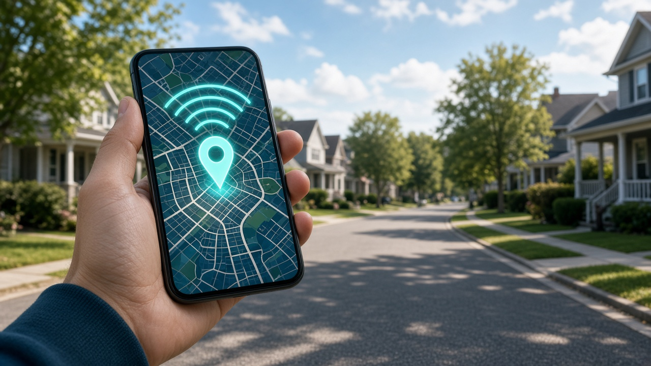 Hand holding a smartphone with a glowing teal location pin and Wi-Fi arcs over a blurred sunny suburban neighborhood street