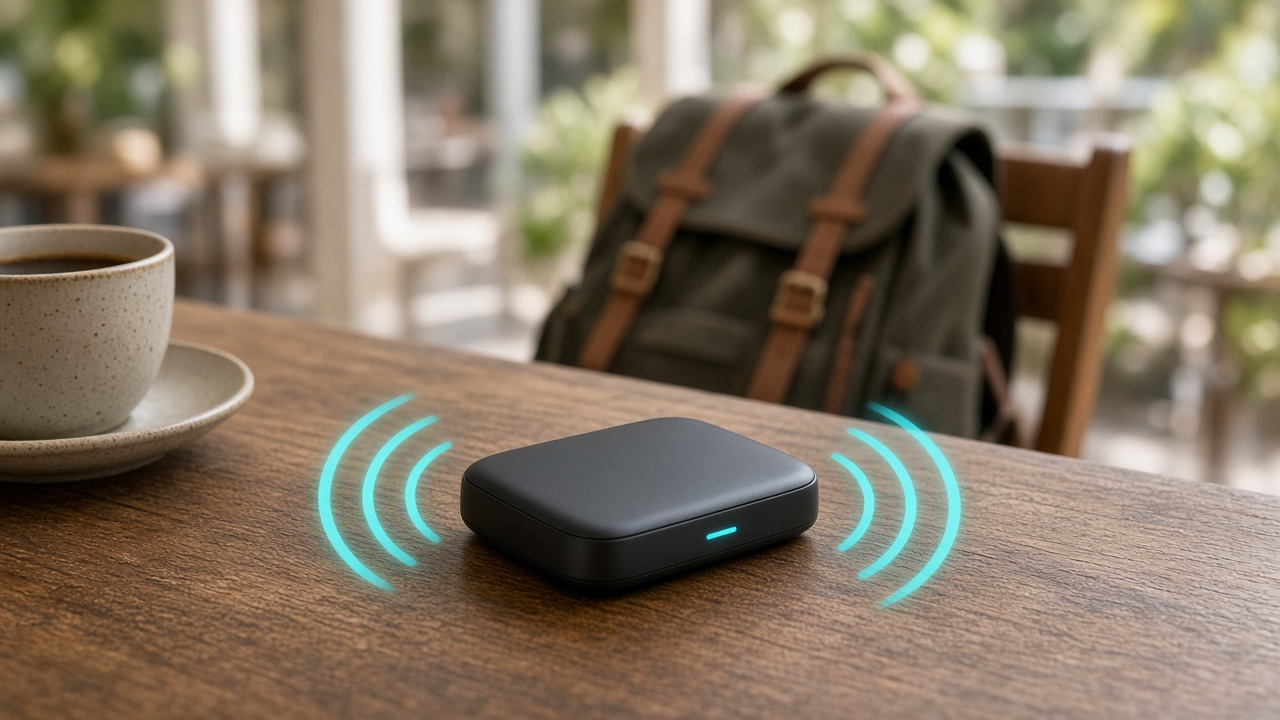 Compact portable Wi-Fi hotspot on a cafe table with soft cyan signal waves