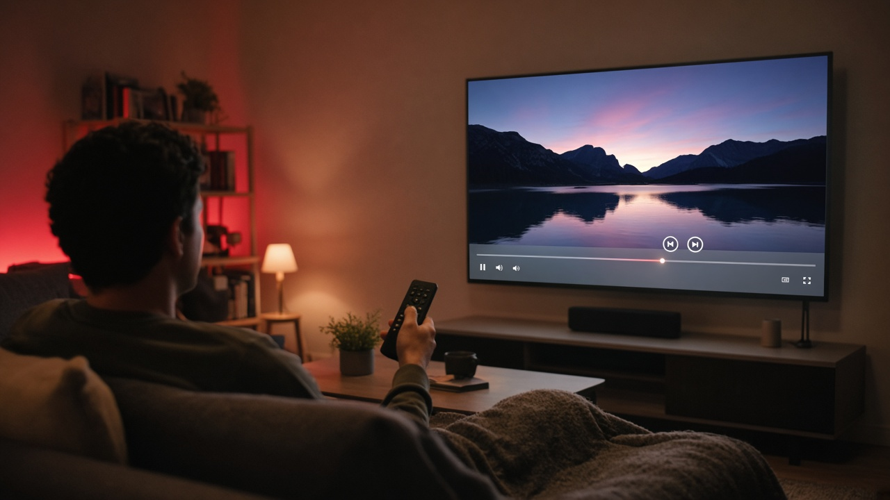 Viewer holding a remote while a video timeline appears on a television