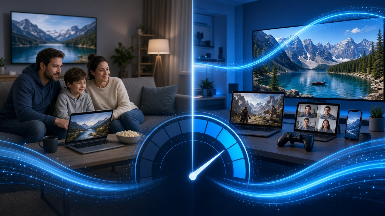 Split scene of family HD streaming versus multi-device 4K gaming and calls with a glowing speed dial