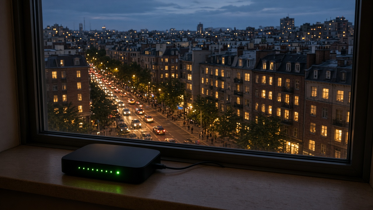 Night neighborhood with fading Wi-Fi arcs suggesting congestion